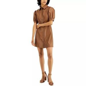 Kit & Sky Women's Faux Leather Puff Sleeves Shirtdress, Brown Size L